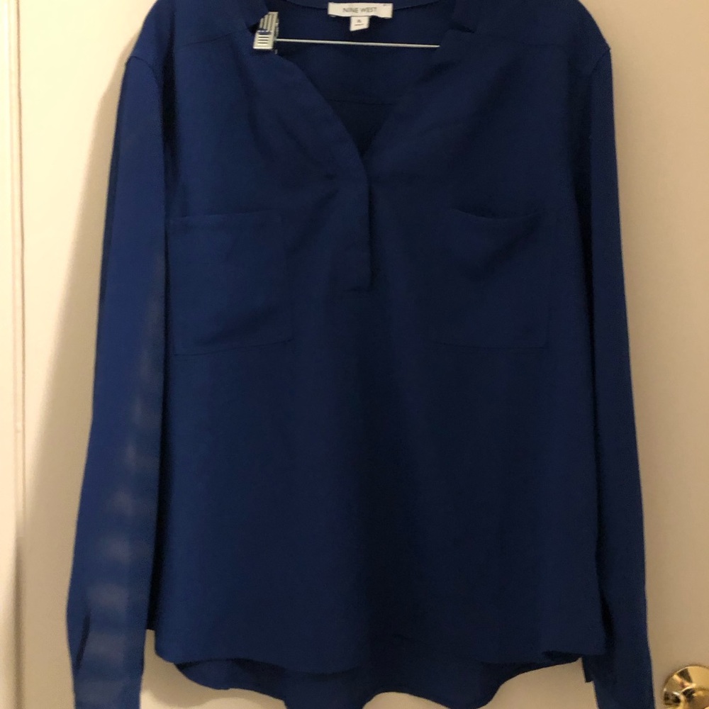 Nine West Cobalt Blue Split V-Neck Long Sleeve Blouse